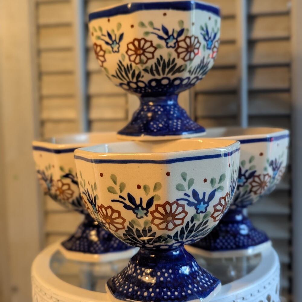 Handmade Polish pottery four dessert dishes on pedestals